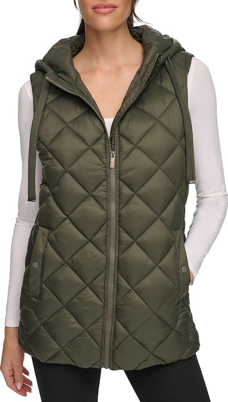 Andrew Marc Women’s Quilted Hooded Long Vest Olive Green Cire Jacket